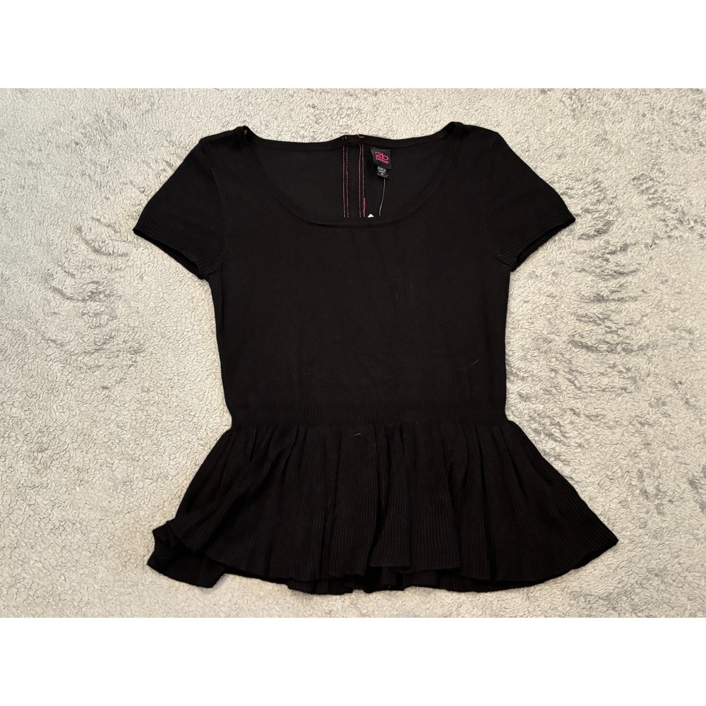 NWT Bebe Peplum Top Womens Medium Black Short Sleeve Stretch Casual 2B